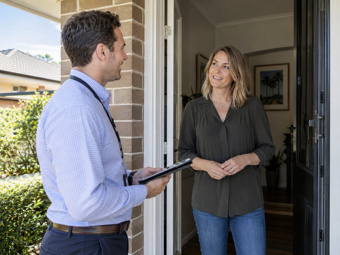 Professional field visitor knocking on a residential door